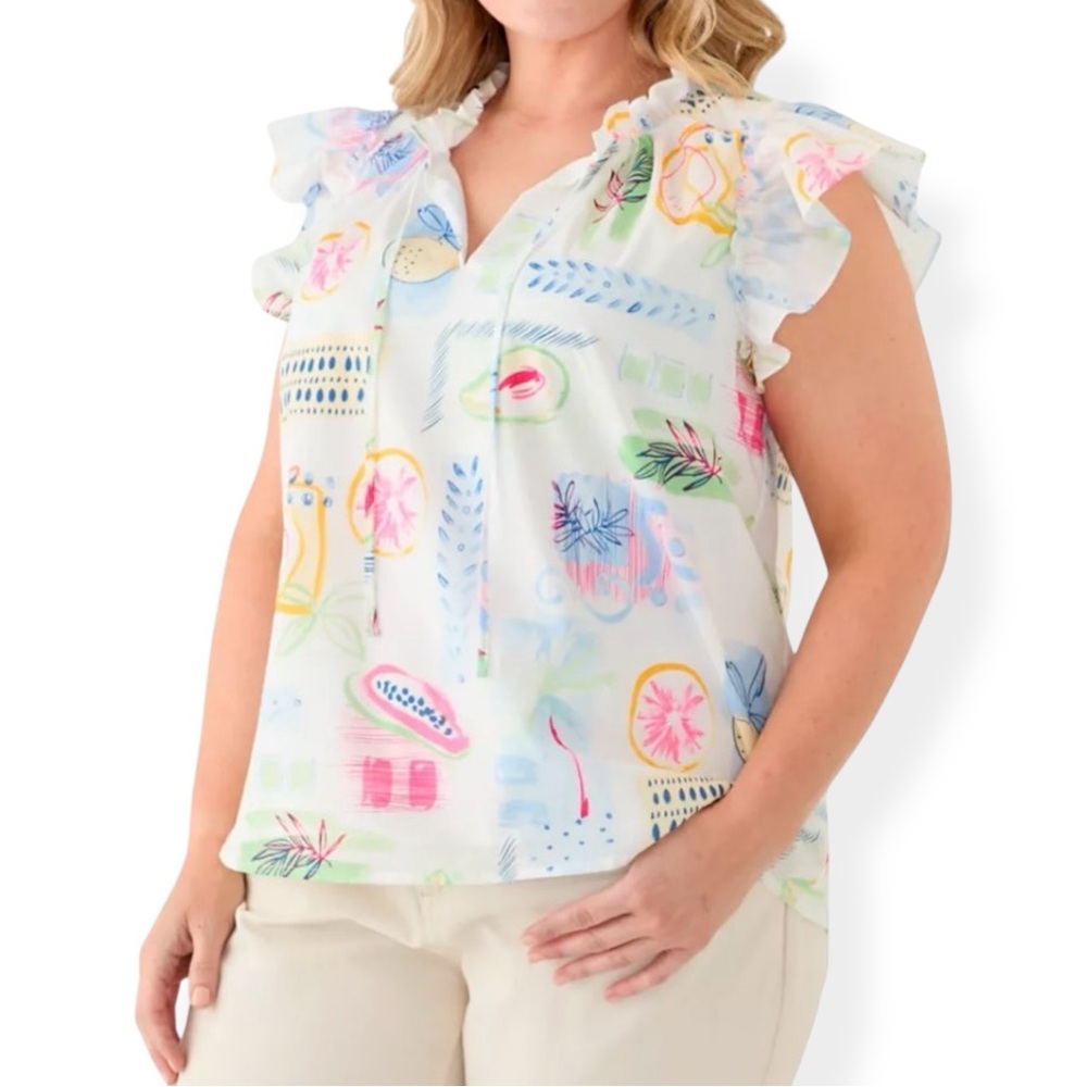 Crown Ivy Top Womens Plus 1X Split Neck Ruffle Sleeve Printed Top Keyhole Lined